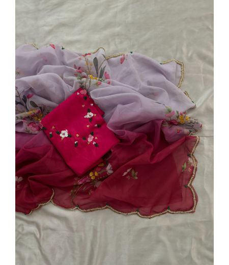 DB647 Beautiful Soft Organza Floral Printed Hand Cutdana Work Celebrity Inspired Saree.