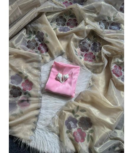 DB485 Beautiful Soft Two Tone Tissue Silk Diamond Work Handbrush Painted Celebrity Inspired Saree.
