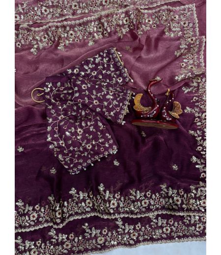 DB519 Beautiful Soft Sattin Chiffon Sequence Emboridary Work Celebrity Inspired Sarees with Designer Stitched Blouse.