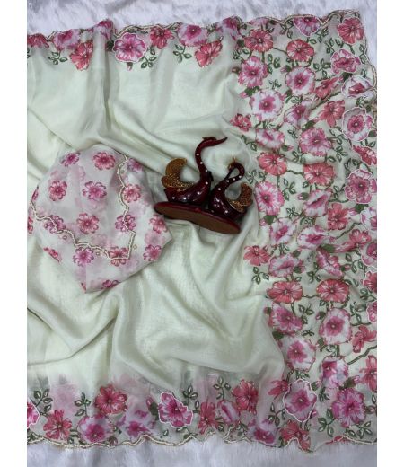 DB521 Beautiful Soft Tabby Silk Floral Printed Hand Cutdana Work Celebrity Inspired Sarees.