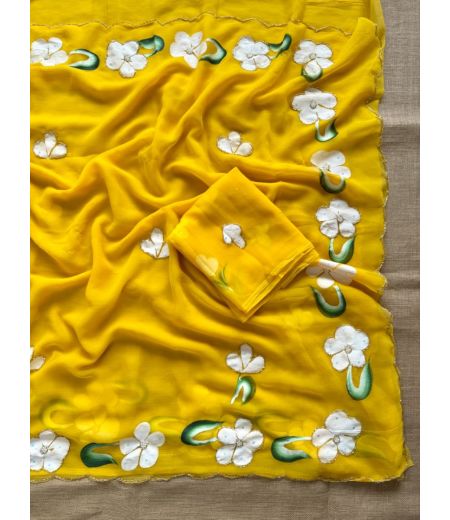 DB587 Beautiful Soft Chiffon Handbrush Painted Handwork Celebrity Inspired Saree.