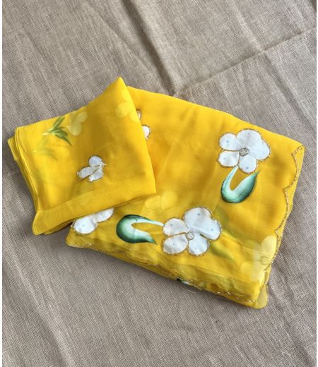 DB587 Beautiful Soft Chiffon Handbrush Painted Handwork Celebrity Inspired Saree.