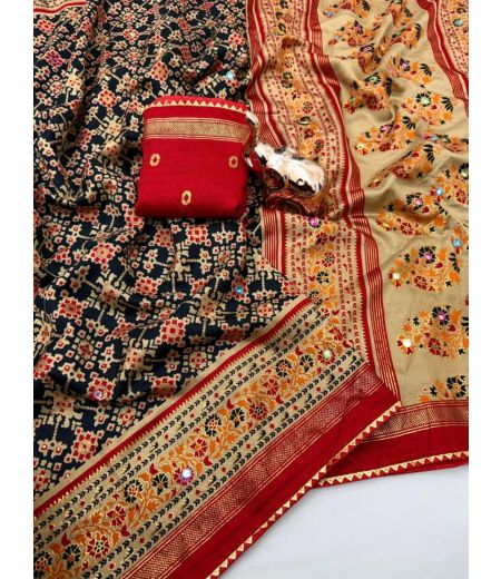 DB589 Beautiful Soft Pashmina Silk Elegant Patola Printed Foil Mirror Work Celebrity Inspired Sarees.