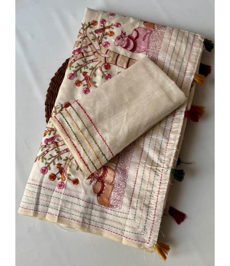 DB598 Beautiful Soft Tussar Silk Multi Embroidery Work Celebrity Inspired Saree.