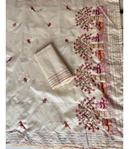 DB598 Beautiful Soft Tussar Silk Multi Embroidery Work Celebrity Inspired Saree.