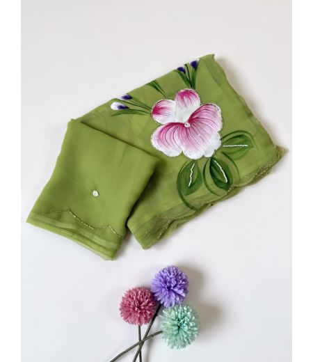 DB635 Beautiful Soft Chiffon Handbrush Painted Handwork Celebrity Inspired Sarees.(Blouse Unstitched)