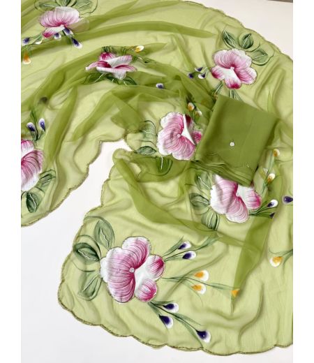 DB635 Beautiful Soft Chiffon Handbrush Painted Handwork Celebrity Inspired Sarees.(Blouse Unstitched)