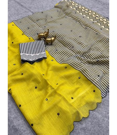 DB643 Beautiful Soft Linen Cotton Elegant Printed Foil Mirror Work Celebrity Inspired Saree.