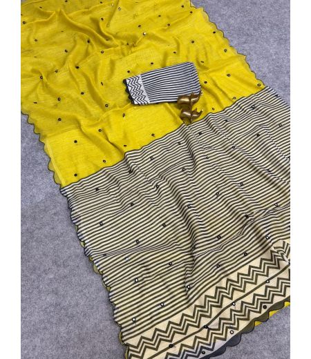 DB643 Beautiful Soft Linen Cotton Elegant Printed Foil Mirror Work Celebrity Inspired Saree.