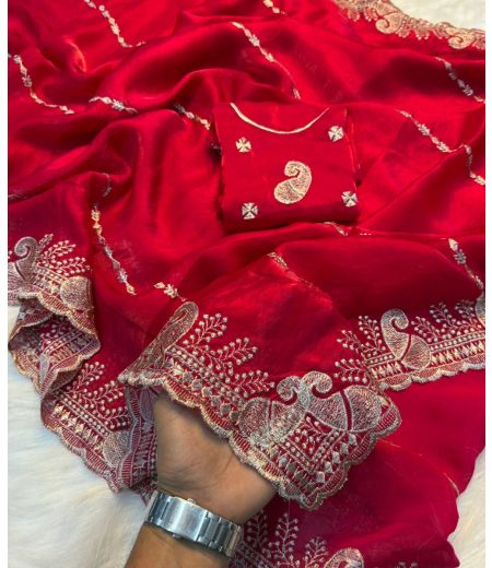 DB651 Beautiful Soft Space Silk Zari Embroidery Thread Work Celebrity Inspired Sarees.