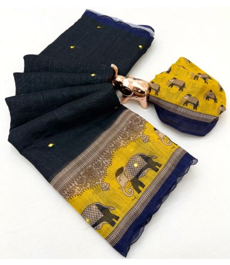 DB660 Beautiful Soft Cotton Linen Digital Printed Foil Mirror Work Celebrity Inspired Sarees.
