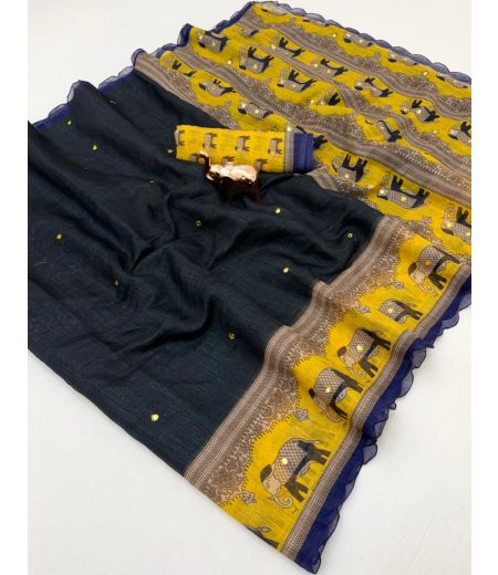 DB660 Beautiful Soft Cotton Linen Digital Printed Foil Mirror Work Celebrity Inspired Sarees.