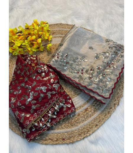 DB658 Beautiful Soft Silk Sequence Emrodairy Work Celebrity Inspired Sarees with Designer Stitched Blouse.