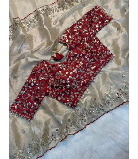 DB658 Beautiful Soft Silk Sequence Emrodairy Work Celebrity Inspired Sarees with Designer Stitched Blouse.