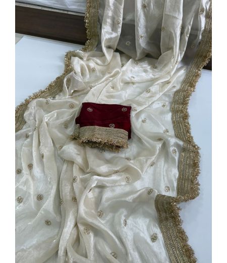 DB657 Beautiful Soft Space Sattin Sequence Bids Work Celebrity Inspired Sarees with Designer Lace Border.