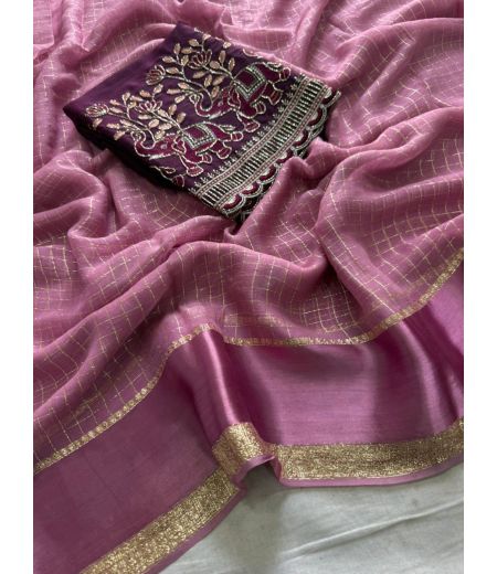 DB684 Beautiful Soft Viscose Georgette Zari Chex Sarees with Work Blouse.