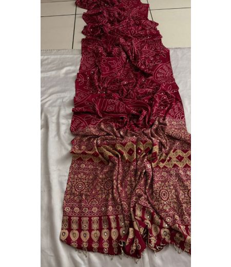 DB711 Beautiful Soft Sattin Silk Ajrakh Printed Mirror Work Celebrity Inspired Saree.