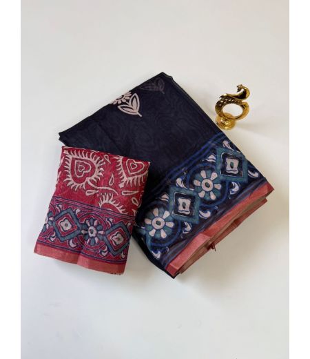 DB722 Beautiful Soft Lilen Cotton Black Colour Elegant Printed Summer Sarees.