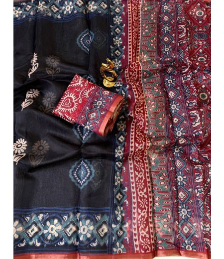 DB722 Beautiful Soft Lilen Cotton Black Colour Elegant Printed Summer Sarees.
