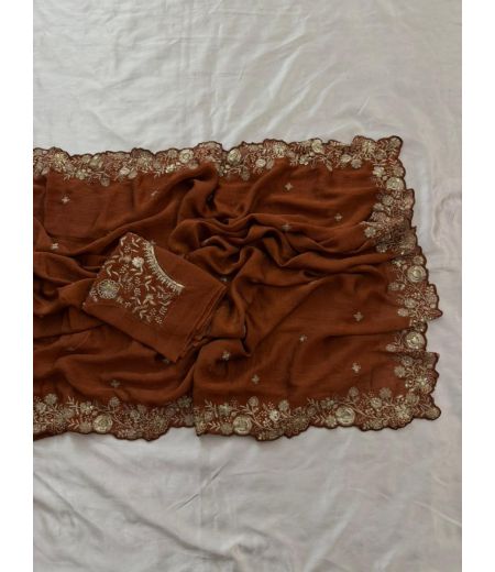 DB726  Beautiful Soft Chiffon Crush Embroidery Butti Work Celebrity Inspired Saree.