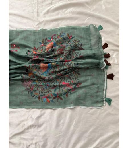 DB727 Beautiful Soft Linen Cotton Elegant Printed Foil Mirror Work Celebrity Inspired Sarees.