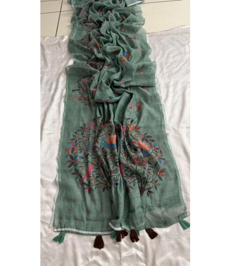 DB727 Beautiful Soft Linen Cotton Elegant Printed Foil Mirror Work Celebrity Inspired Sarees.