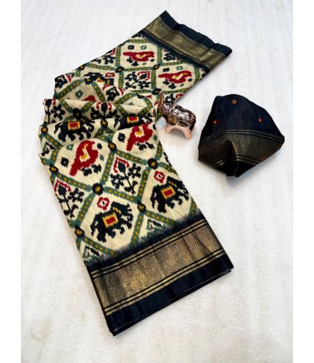 DB735 Beautiful Soft Viscose Dola Silk Patola Sarees with Golden Border.