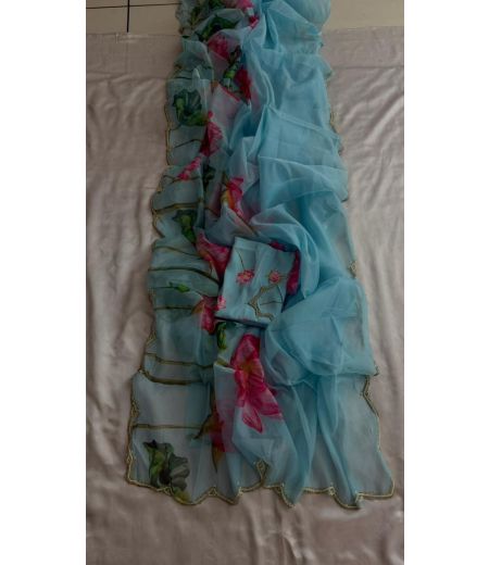 DB736 Beautiful Soft Tabby Silk Floral Printed Hand Cutdana Work Celebrity Inspired Sarees.