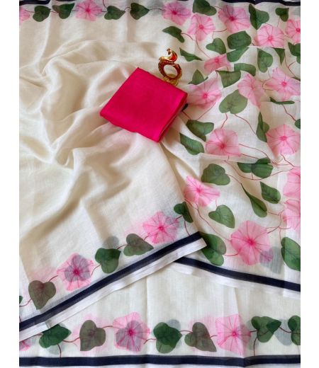DB744  Beautiful Soft Linen Cotton Elegant Printed Celebrity Inspired Sarees.