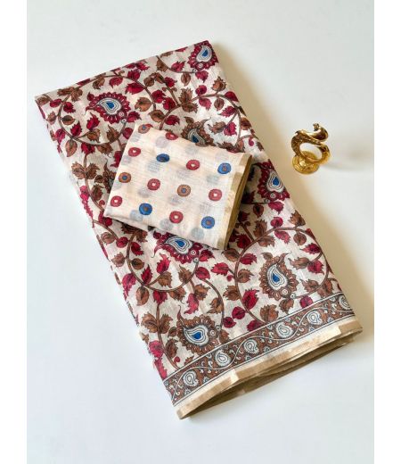 DB743 Beautiful Soft Linen Cotton Kalamkari Printed Celebrity Inspired Sarees.