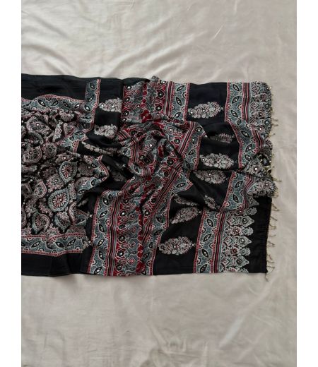 DB749  Beautiful Soft Satin Ajrakh Printed Mirror Work Celebrity Inspired Saree.