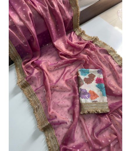 DB752  Beautiful Soft Moss Silk Zari Butti Weaving Celebrity Inspired Sarees with Designer Lace Border.