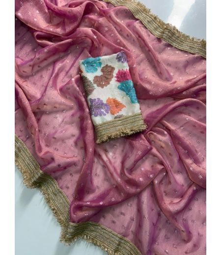DB752  Beautiful Soft Moss Silk Zari Butti Weaving Celebrity Inspired Sarees with Designer Lace Border.