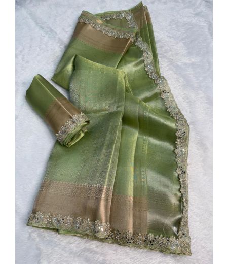 DB771  Beautiful Soft Kanjiviram Tissue Silk Zari Weaving Celebrity Inspired Sarees with Designer Handwork Lace Border.
