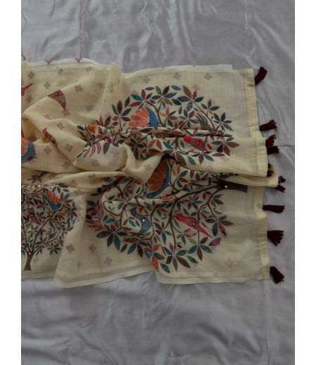 DB784  Beautiful Soft Linen Elegant Printed Foil Mirror Work Celebrity Inspired Sarees.