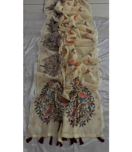 DB784  Beautiful Soft Linen Elegant Printed Foil Mirror Work Celebrity Inspired Sarees.