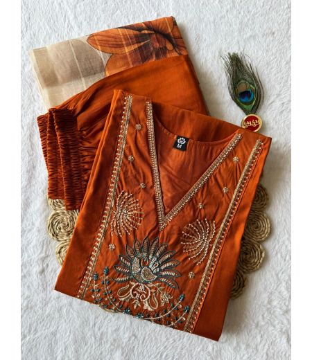 DB854 Beautiful Soft Roman Silk Embroidery Bids Work Designer Kurti Sets.