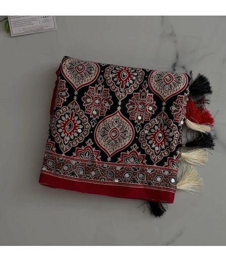 DB869 Beautiful Soft Gajji Sattin Ajrakh Printed Mirror Work Celebrity Inspired Sarees.