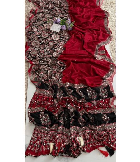 DB869 Beautiful Soft Gajji Sattin Ajrakh Printed Mirror Work Celebrity Inspired Sarees.