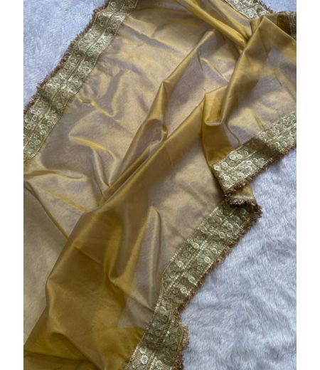 DB872 Beautiful Soft Banarasi Tissue Silk Zari Weaving Sarees with Handwork Lace Border.