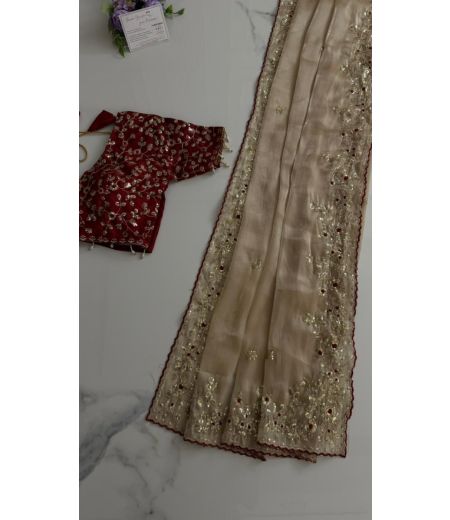 DB884 Beautiful Soft Sattin Silk Zari Sequence Emboridary Work Celebrity Inspired Sarees with Designer Stitched Blouse.