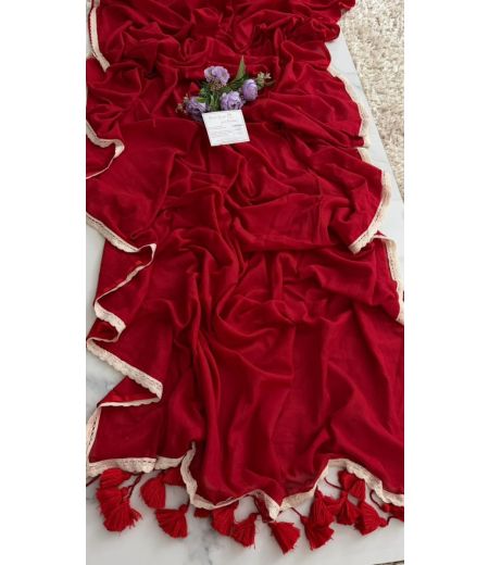 DB882 Beautiful Soft Mulmul Cotton Celebrity Inspired Sarees with Designer Lace Border.