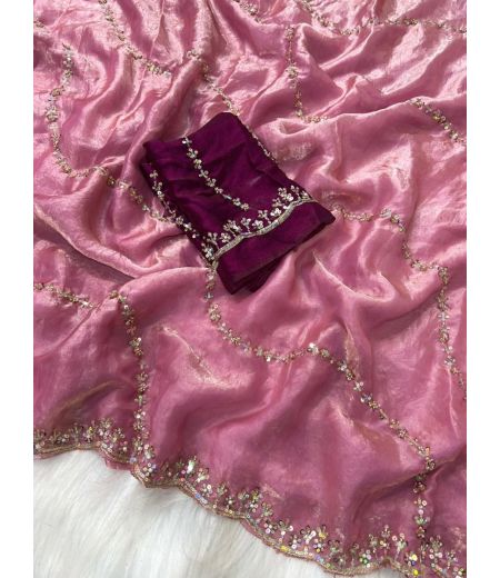 DB892 Beautiful Soft Space Silk Sequence Hand Cutdana Work Celebrity Inspired Sarees.