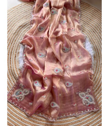 DB902 Beautiful Soft Shimmer Tissue Silk Sequence Emboridary Work Celebrity Inspired Sarees.