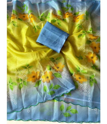 DB905  Beautiful Soft Kota Chex Floral Printed Celebrity Inspired Sarees.