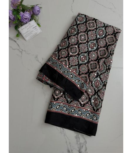 DB916  Beautiful Soft Gajji Sattin Ajrakh Printed Mirror Work Celebrity Inspired Sarees.