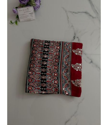 DB931 Beautiful Soft Gajji Sattin Ajrakh Printed Mirror Work Celebrity Inspired Sarees.