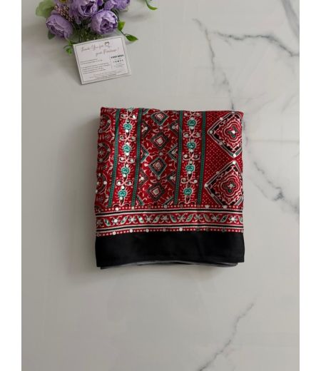 DB926  Beautiful Soft Gajji Sattin Ajrakh Printed Mirror Work Celebrity Inspired Sarees.