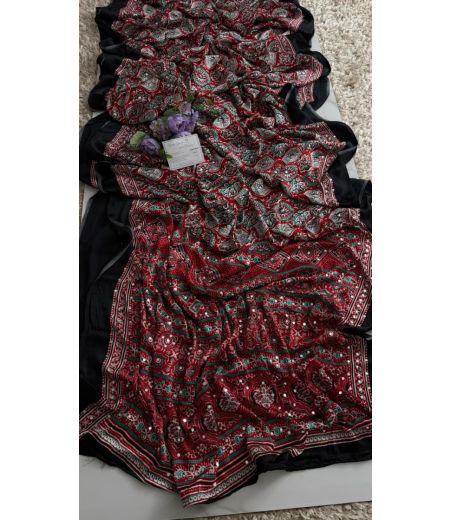 DB926  Beautiful Soft Gajji Sattin Ajrakh Printed Mirror Work Celebrity Inspired Sarees.
