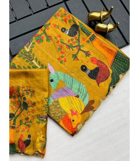 DB947 Beautiful Soft Tussar Silk Kalamkari Printed Celebrity Inspired Saree.
